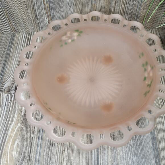 Vintage Lace Edge Bowl, Frosted Pink Floral Depression Glass Anchor Hocking - Picture 2 of 7